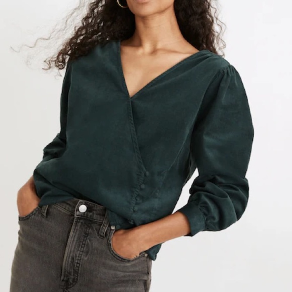 Madewell Corduroy Kinston Side-Button Wrap Top in Midnight Green